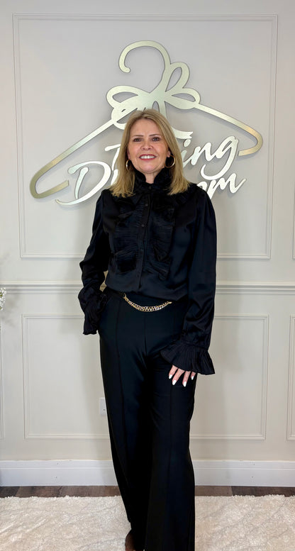 Straight Leg Trousers with Gold Chain Belt Detail in Black