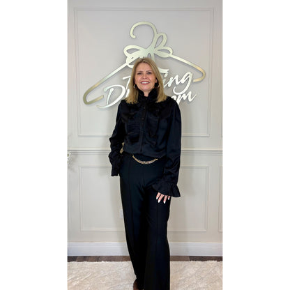 Straight Leg Trousers with Gold Chain Belt Detail in Black