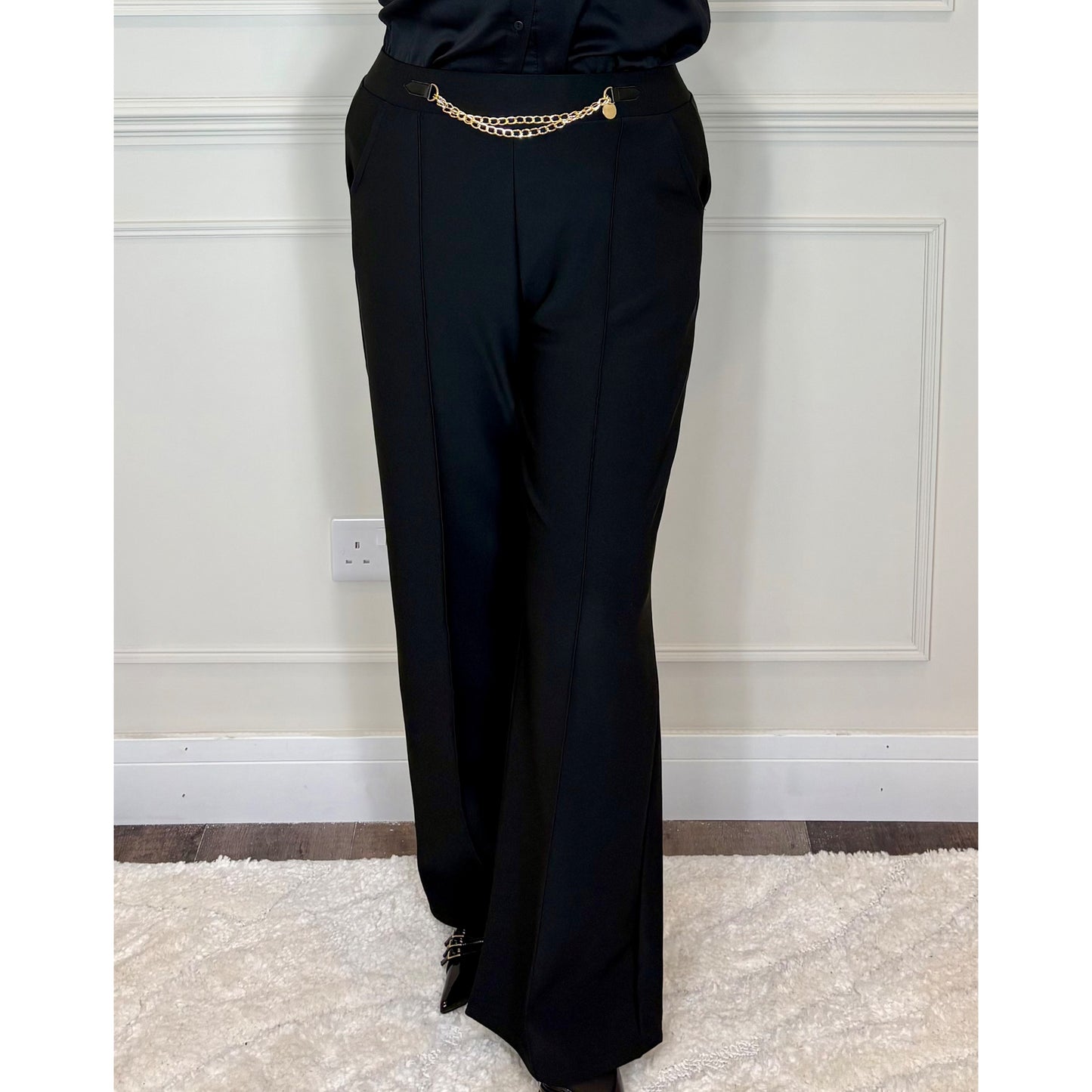 Straight Leg Trousers with Gold Chain Belt Detail in Black