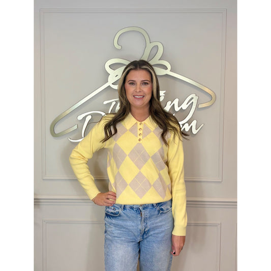 Argyle Gold Button Polo Jumper in Yellow