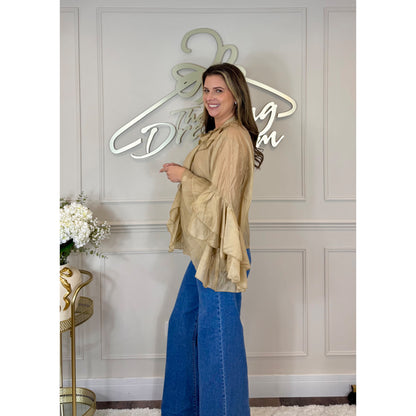 Bell Sleeve Ruffle Blouse in Gold