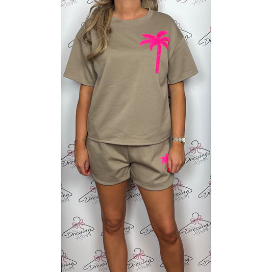 Palm Tree Short Set in Taupe
