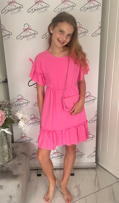 Girls Pink Layered Sleeve Dress with Bag