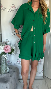 Frilly Gold Button Short Set in Green