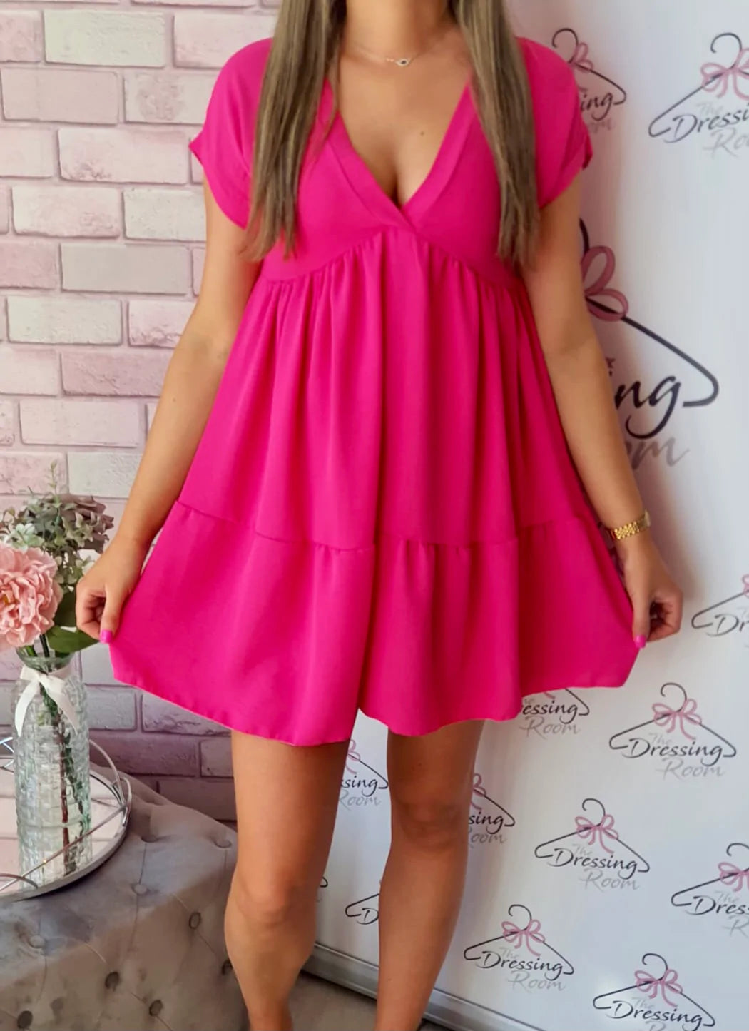 Short Sleeve Smock Dress in Fuchsia Pink