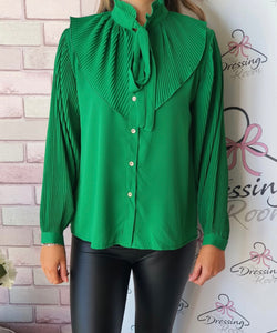 High Neck Ruffle Blouse in Green